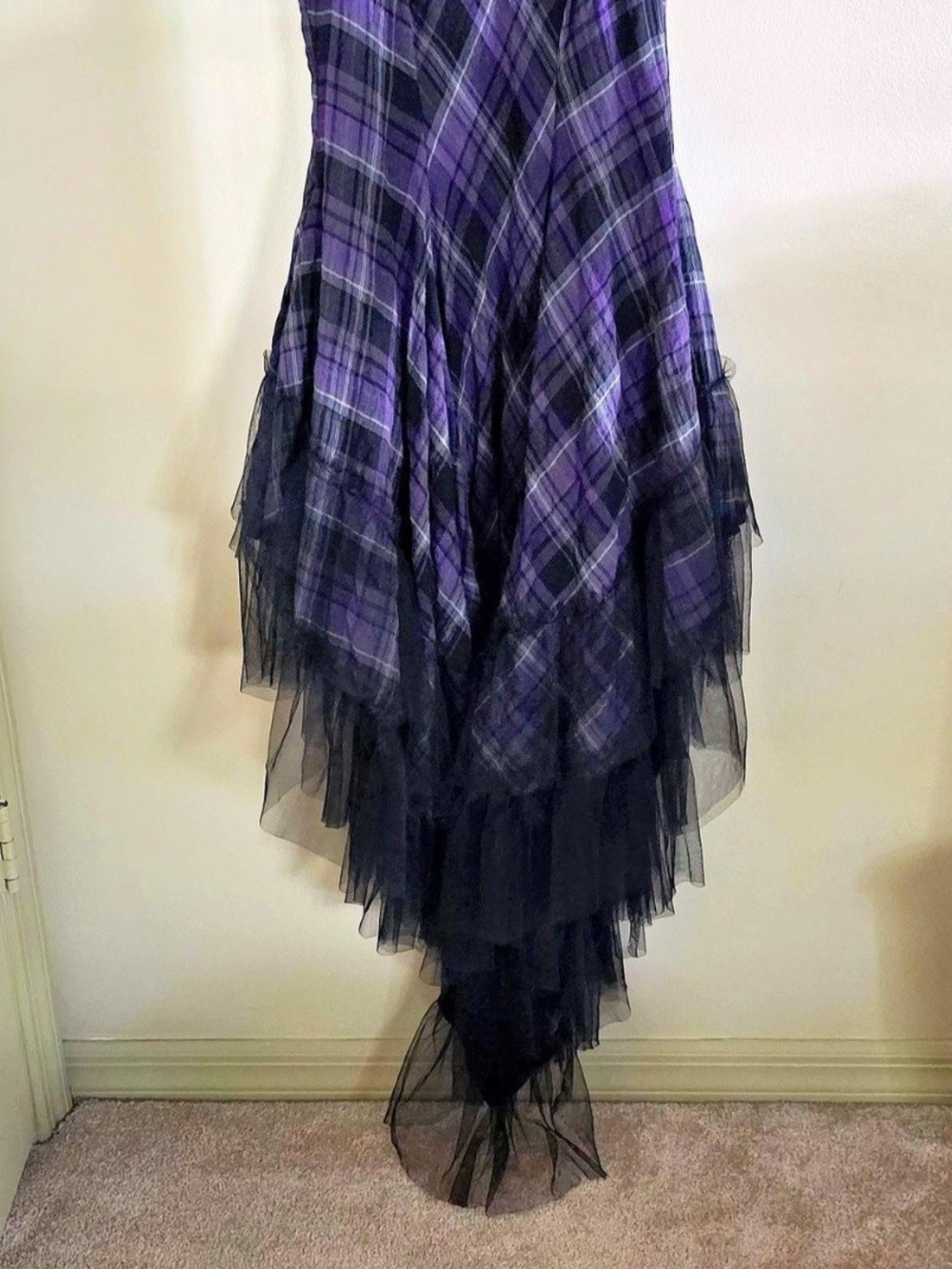 RARE Vintage Lip Service Purple Plaid Ruffle Dress w/Lace Trim & Tuelle, Pockets - Picture 6 of 14